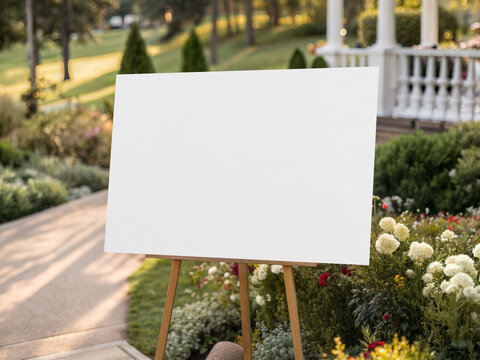 Blank white poster mockup on wooden easel in outdoor park with flower beds for wedding