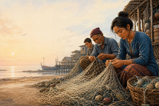 Fishing village residents mending nets together at dawn