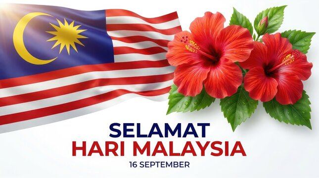Malaysia day greeting with national flag and hibiscus flowers isolated on white background