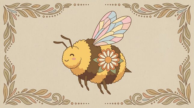 Vintage bumblebee illustration with floral pattern, cute honey bee character on beige background, retro insect art for greeting cards