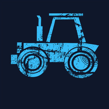 Distressed stamp style cyan tractor graphic ("bullock/garden engine") with boxy cabin, vertical exhaust, and concentric treads. Grunge texture simulates age on flat vector design against solid dark ba
