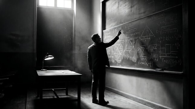Vintage professor writing on chalkboard in dark classroom. Retro academic teacher solving complex math equations. Cinematic black and white study.