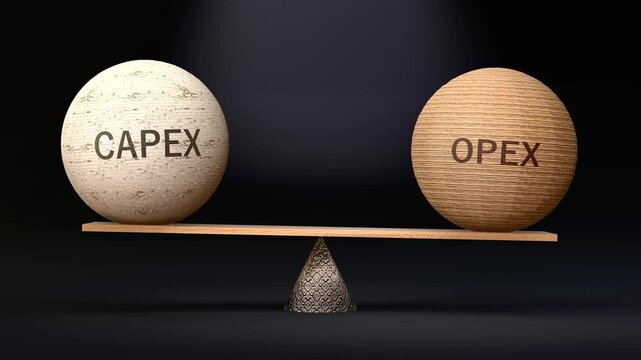 Capex and Opex in balance - balancing spheres on a scale symbolizing harmony, equity and equilibrium between capex and opex. Harmonious and beneficial situation. Made by human for humans