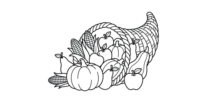 Black and white line art illustration of a traditional thanksgiving cornucopia filled with autumn harvest fruits and vegetables