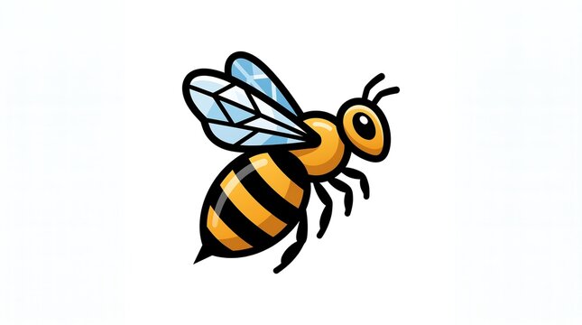 Stylized honey bee illustration, flying bumblebee icon on white background, yellow and black striped insect graphic for nature branding