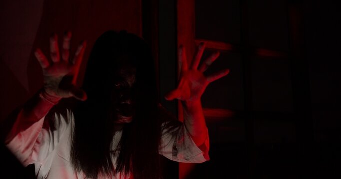 A scary ghost woman with long hair lunges at the camera with her hands out in a dark, haunted house, creating a terrifying jump scare scene for a horror movie.