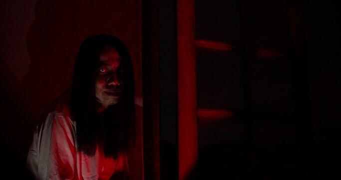 A scary ghost woman with long hair lunges at the camera with her hands out in a dark, haunted house, creating a terrifying jump scare scene for a horror movie.