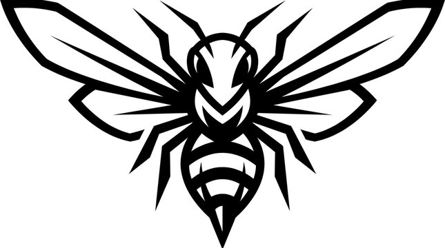 Stylized hornet mascot logo, aggressive wasp vector icon, black and white bee illustration for sports team branding