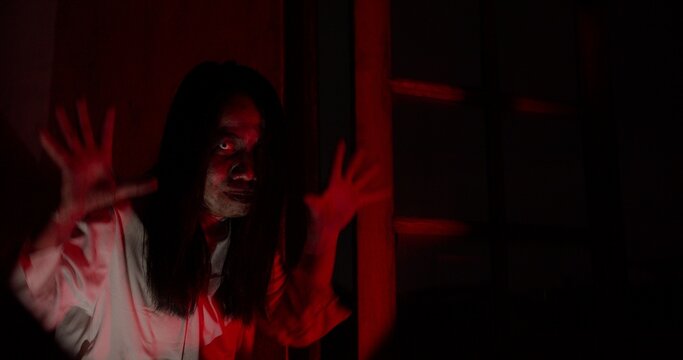 A scary ghost woman with long hair lunges at the camera with her hands out in a dark, haunted house, creating a terrifying jump scare scene for a horror movie.