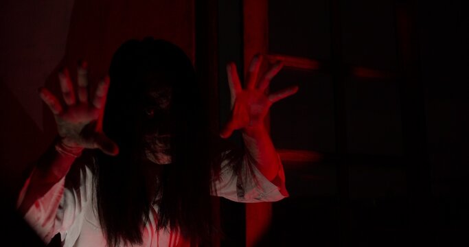 A scary ghost woman with long hair lunges at the camera with her hands out in a dark, haunted house, creating a terrifying jump scare scene for a horror movie.