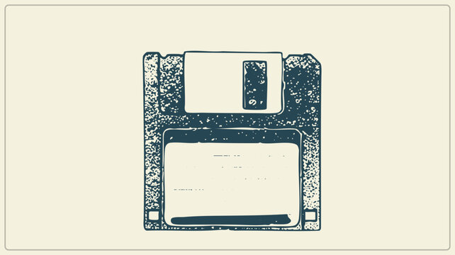 Distressed dark blue 5.25" floppy disk vector. Features speckled noise and stencil aesthetic. Captures vintage hardware texture with a worn, analog look for tech heritage branding.