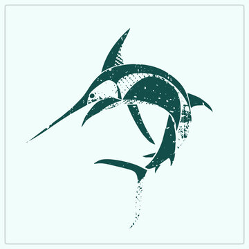 Stylized swordfish in deep teal grunge aesthetic. Vector graphic features heavy weathering, stencil like negative space, and fragmented textures with bold geometric for rugged branding.