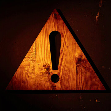 Wooden triangle-shaped warning sign with exclamation mark, dark backdrop, atmospheric industrial mood, close-up.