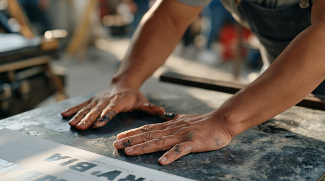 Letterpress printer cooling down after an intense opera playbill production run a close up of ink stained hands pressed flat on a cool stone surface beside a freshly printed aria