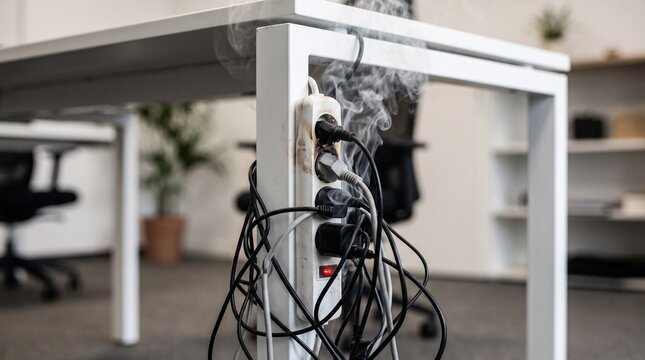 Overloaded Power Strip Smoking Under Office Desk for Fire Hazard, Electrical Safety, and Short Circuit Prevention