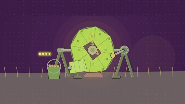Abstract animated compost tumbler turning its load drawn as green and teal lines and shapes on a deep dark background. Seamless looping 4K motion graphics video with free space for text, ideal for sus