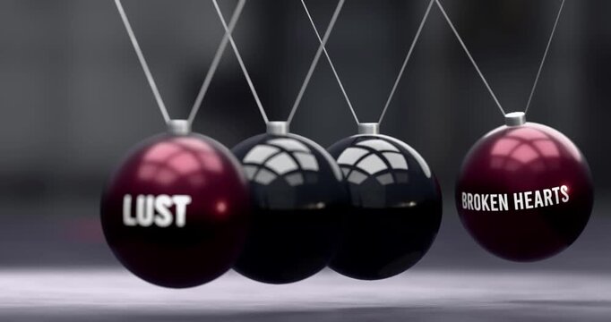 Lust and broken hearts in vicious cycle. Lust causes broken hearts. Newton cradle metaphor showing negative effects of lust. Can be looped