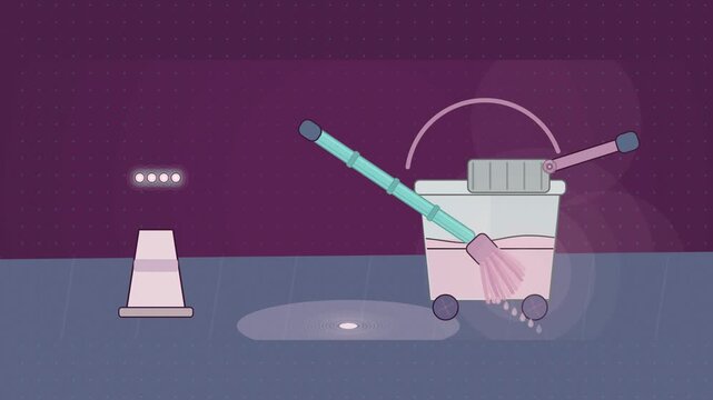 Abstract animated mop wringing out over the bucket drawn as blue and cyan lines and shapes on a deep dark background. Seamless looping 4K motion graphics video with free space for text, ideal for titl