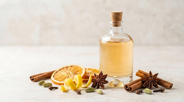 Glass bottle of gin with cinnamon sticks dried orange slices and star anise spices for winter drinks