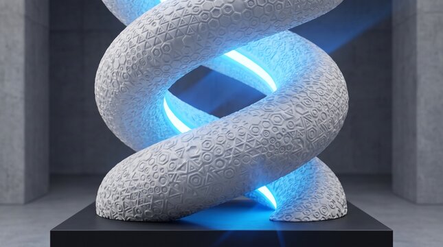 Abstract 3D Double Helix Sculpture with Geometric Texture and Glowing Blue Light