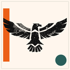Obraz premium Stylized raven graphic in flat vector style with spread wings. Features black speckling for a stamped look, plus orange vertical bar and teal circle accents. A modern motif of wild nature sym