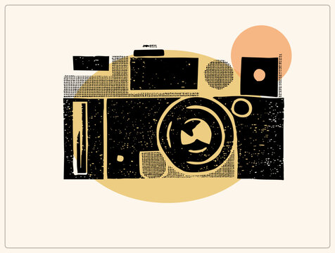 Stylized black box camera with gritty screen print texture and halftones. Flat geometric blocks, stippled shading in muted yellow/. Risograph/linocut aesthetic with rough, ink like edges emphasiz