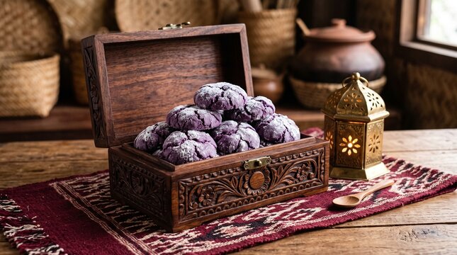 Handcrafted Carved Wooden Box Filled with Purple Ube Crinkle Cookies on Abaca