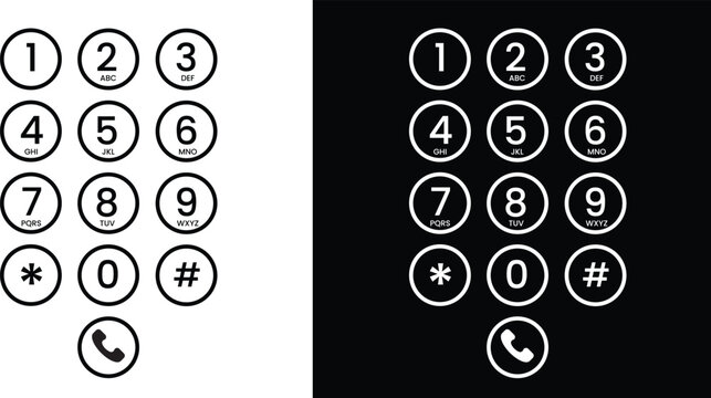 Telephone Keypad Vector PNG , Dial Pad Layout with Numbers and Symbols, Editable Phone Interface Icon Design for UI, Apps, and Tech Projects