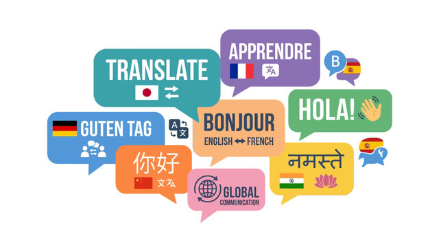 Global Communication and Language Translation Concept Illustration with Multilingual Speech Bubbles and World Flags