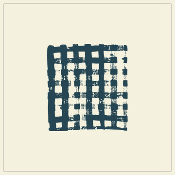 Traditional indigo block print with rustic woven grid, uneven ink, and distressed edges. Mimics raw fabric texture with a stamp like aesthetic for organic branding.