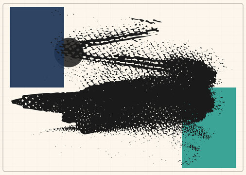 Chaotic black ink smear streaks a cream grid, interacting with navy and teal shapes. This grunge splatter design features fragmented edges and a circular motif, blending rough aest