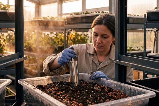 Female agricultural researcher collecting soil samples using a metallic core sampler in a modern greenhouse laboratory