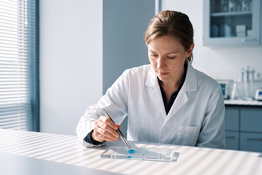 A focused female scientist in a white coat uses tweezers to examine a blue liquid sample on a microfluidic chip in a bright laboratory