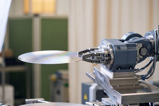 Robotic arm holding a silicon wafer during microchip manufacturing in semiconductor cleanroom facility