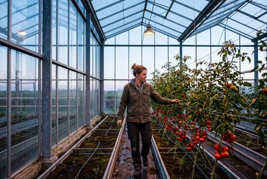 Female farmer walking through modern glass greenhouse inspecting ripe tomato crop growing on vines