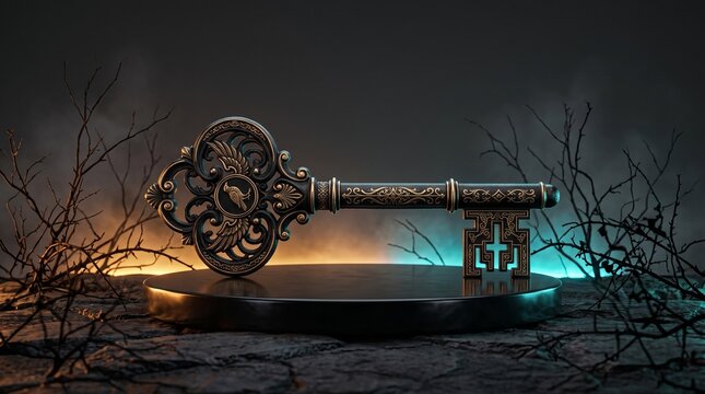 Massive antique gothic key sculpture lying flat on low circular obsidian platform