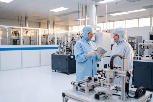 Two female engineers in protective cleanroom suits collaborate with a digital tablet in a high-tech modern manufacturing laboratory