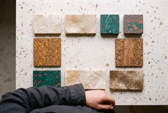 Top view of interior designer hand near sustainable material swatches and stone tiles arranged on terrazzo table with copy space