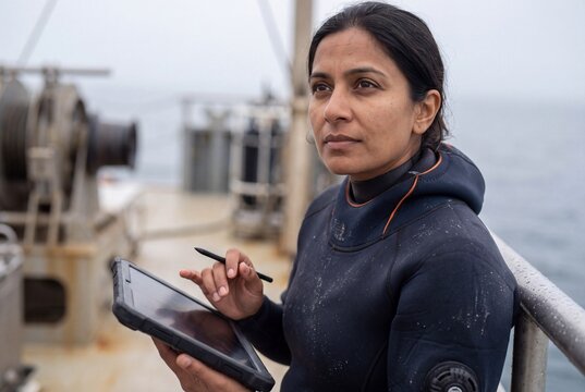 Female marine biologist holding a digital tablet while standing on the deck of a research boat