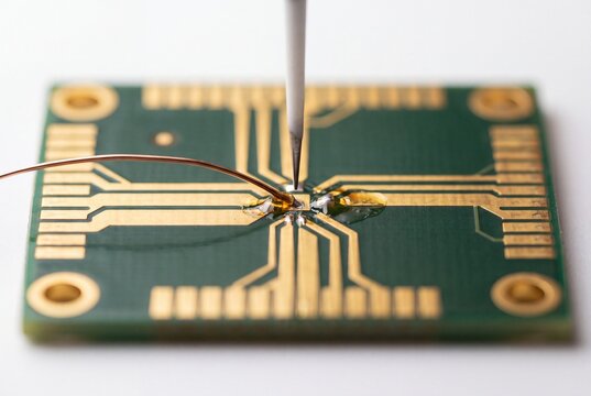 Close-up view of a precision microprobe testing a gold circuit contact on a green printed circuit board with soldered wire