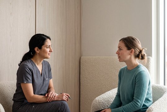 Female doctor in scrubs listening attentively to a young woman during a consultation in a modern clinic