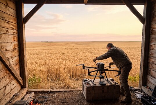 Farmer preparing an industrial agricultural drone inside a wooden barn overlooking a vast golden wheat field