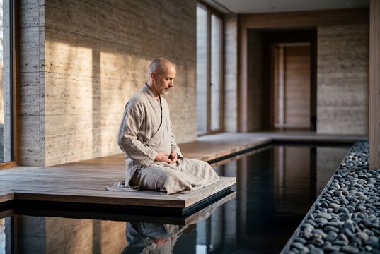 Mature man in linen robe meditating peacefully while sitting on a wooden platform by a calm indoor pool in a luxury spa