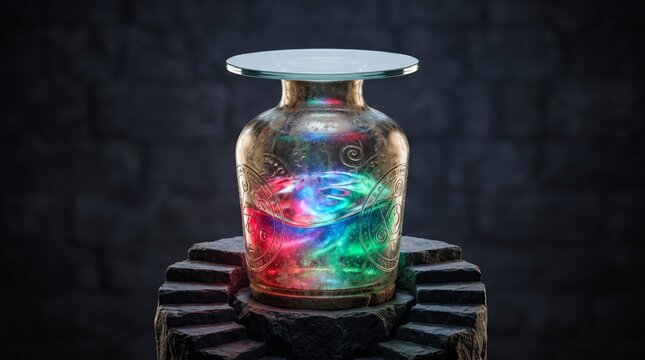 Giant glass potion bottle sculpture with perfectly flat level top platform
