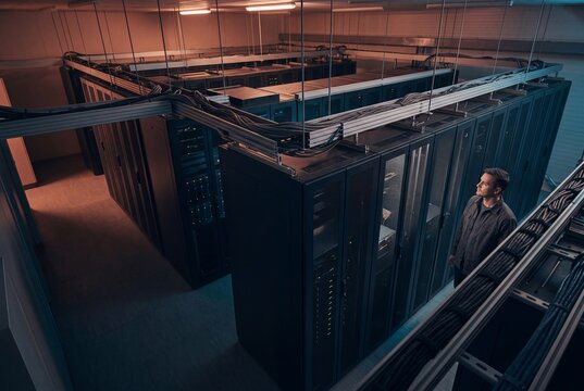 IT technician or system administrator inspecting server racks in a modern data center facility
