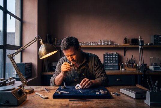 Professional jeweler examining a large rough diamond with a magnifying loupe in a vintage workshop