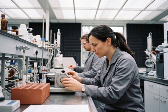Female scientist adjusts precision laboratory equipment while conducting research in a modern chemical lab