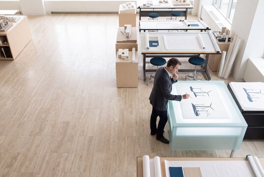 Professional male architect examining wind turbine project blueprints on an illuminated light table in a modern studio