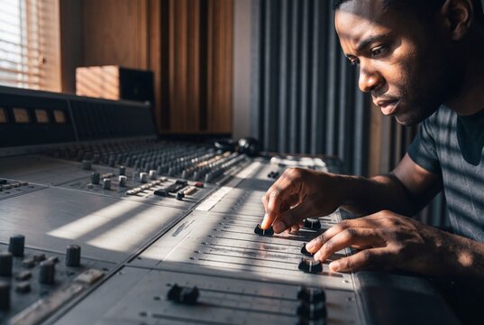 Focused African American sound engineer adjusting faders on a professional analog mixing console in a recording studio