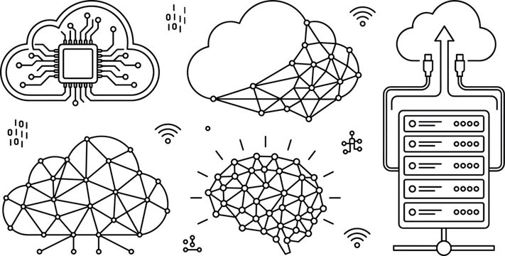 Cloud computing and artificial intelligence technology icons set
